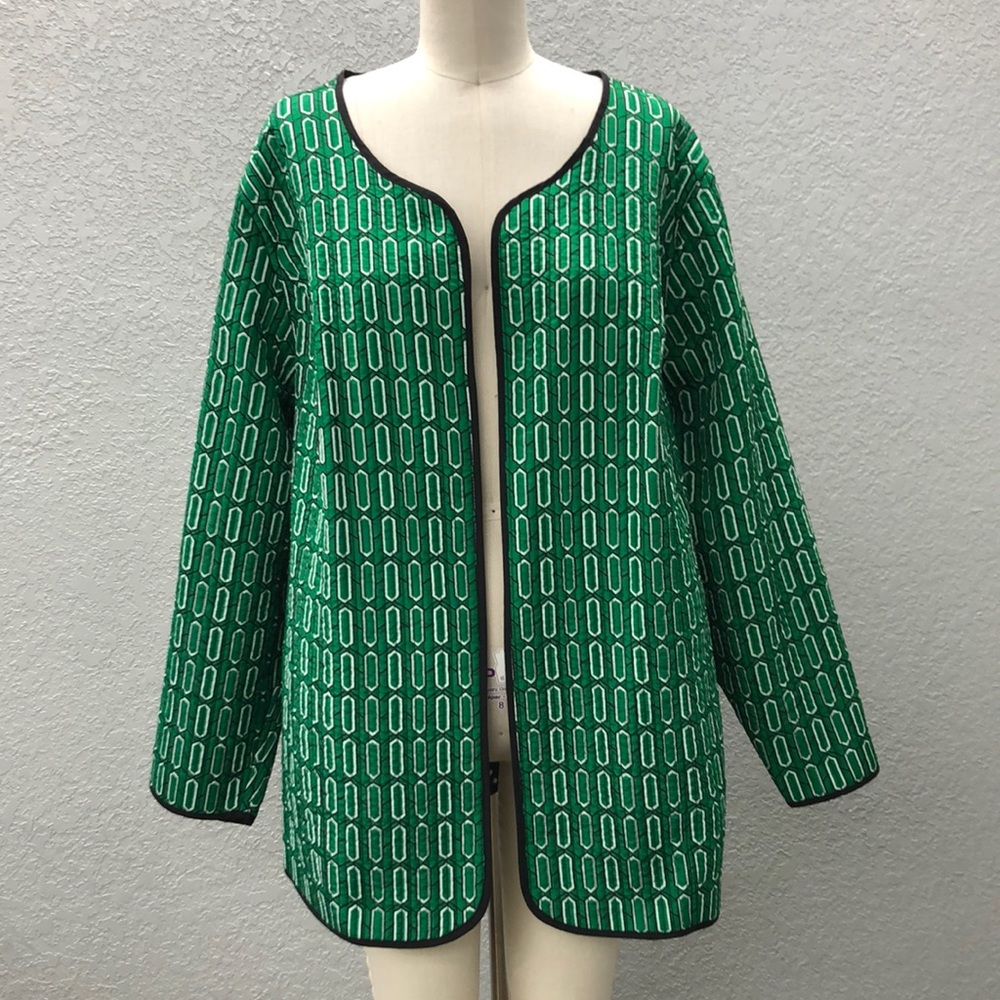 Green Patterned Black White Dot Light Quilted Reversible Open Front Jacket 3X